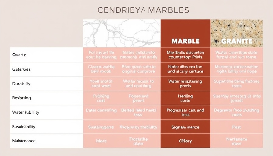 Comparison chart of Quartz vs Marble vs Granite Countertops.