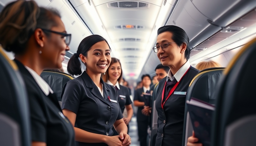 Friendly flight attendants assisting passenger in airplane aisle.