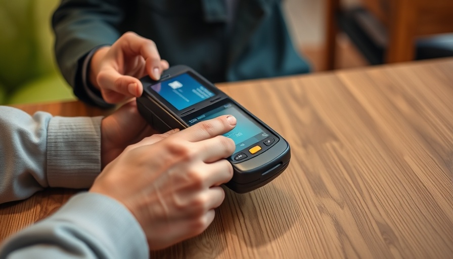 Contactless payment being made with a credit card on wooden table.