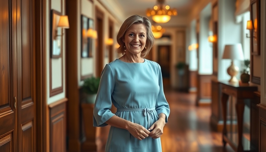 Stylish middle-aged woman in a dress with sleeves in a cozy hallway.