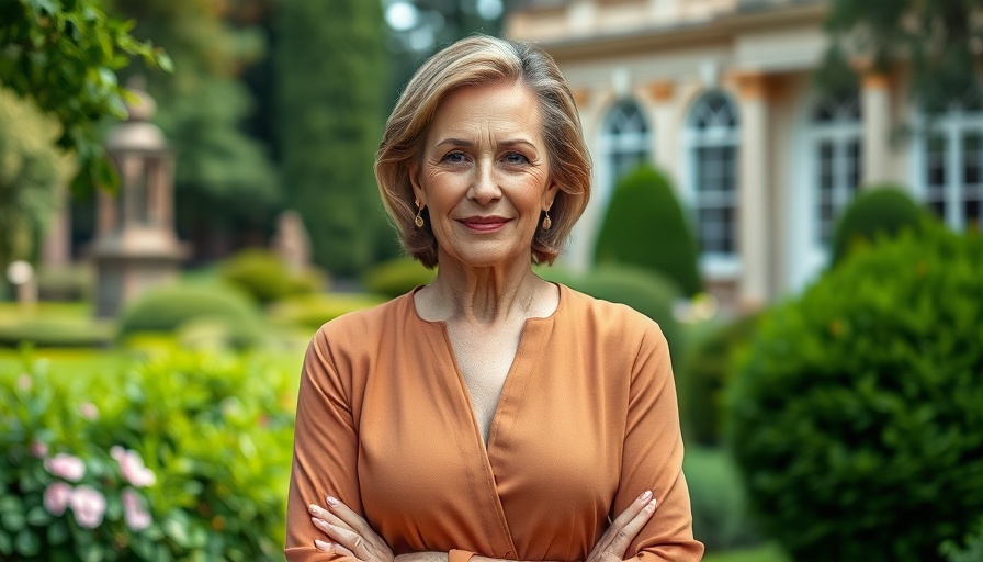 Elegant woman choosing shoes for a wedding after 50, standing in a garden.