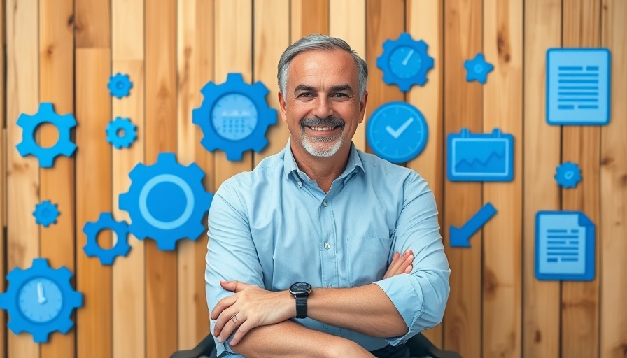 Middle-aged man with productivity icons reclaims time.