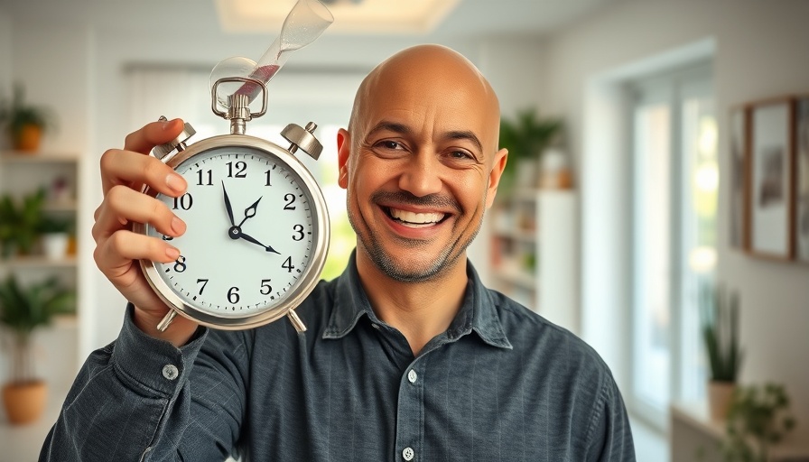 Man relaxing on sofa with clock and hourglass, illustrating time blocking.
