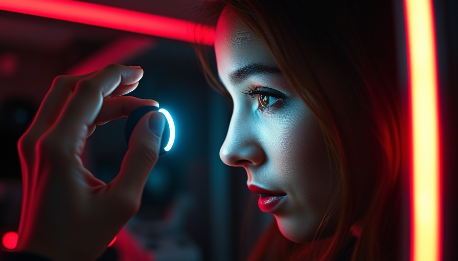 Biometric iris scanning device with woman in red-lit room.