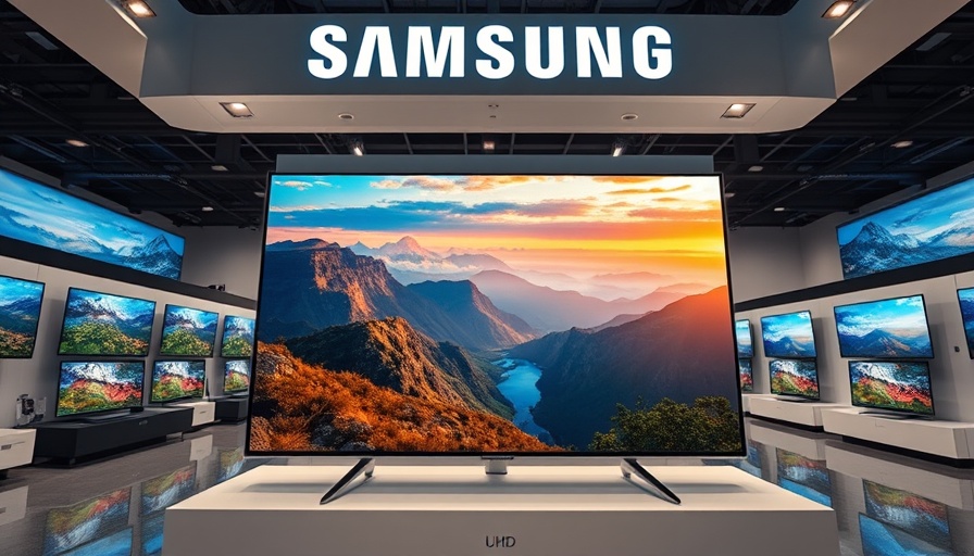 Samsung Smart TV display in electronics store, showcasing vibrant landscape.