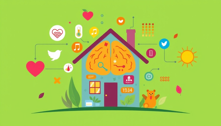 Vibrant smart home illustration with health tech elements.