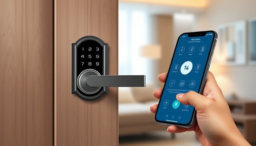 Smart home lock with smartphone showing interface, highlighting cyber threat awareness.