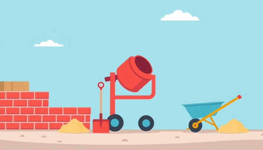 Cartoon construction scene with tools and brick wall.