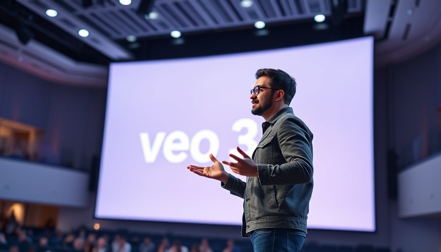 Tech presenter on stage with Veo 3 display, Google AI Tool context.