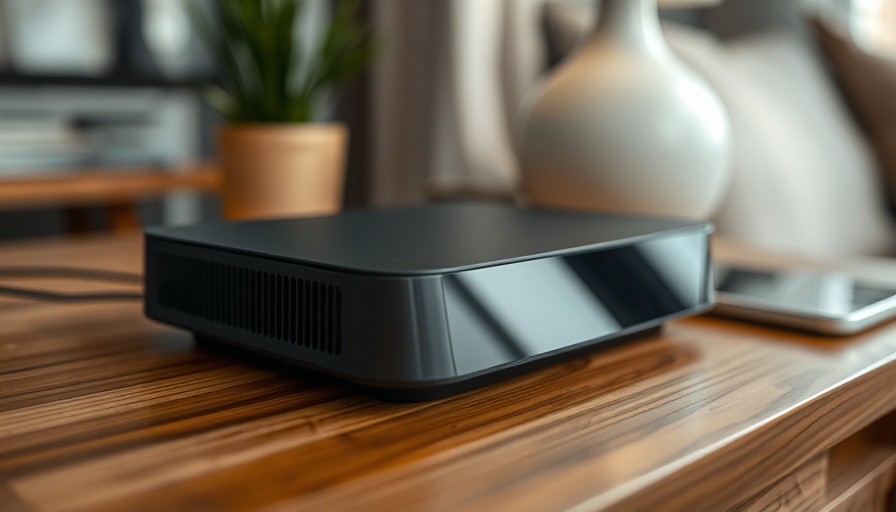 Close-up of a home automation hub on a wooden surface.