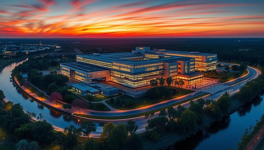 Aerial view of a modern hospital complex at dusk reflecting on a river.