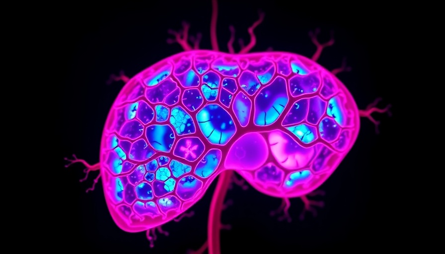 Intricate liver organoid model with neon colors against dark backdrop.