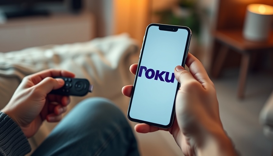 Close-up view of smartphone with Roku logo and remote.