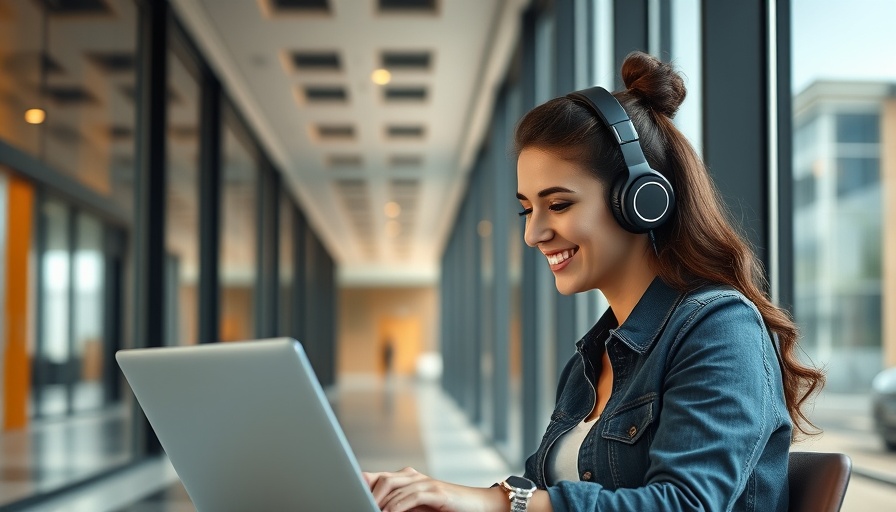 Young woman working on a laptop in a modern office hallway, 2025.