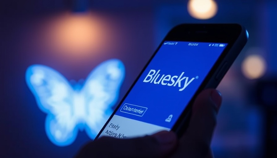 Bluesky app on smartphone with butterfly logo, dim lighting.