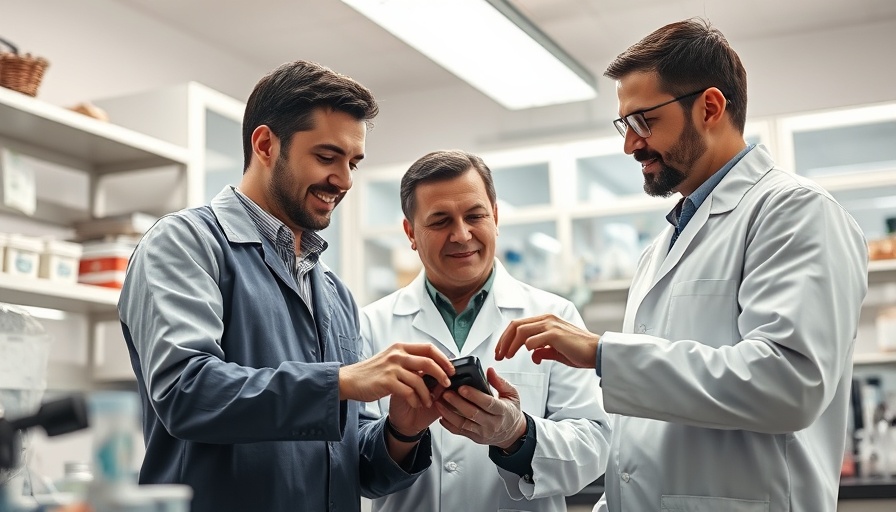 Scientists examining a device, paper-based diagnostic tool, laboratory setting.
