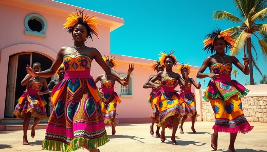 Vibrant Gombey dancers performing in Bermuda, colorful costumes and pink house background.