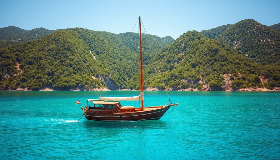 Vintage sailboat anchored in blue Croatian bay, lush hills, island-hopping in Croatia.