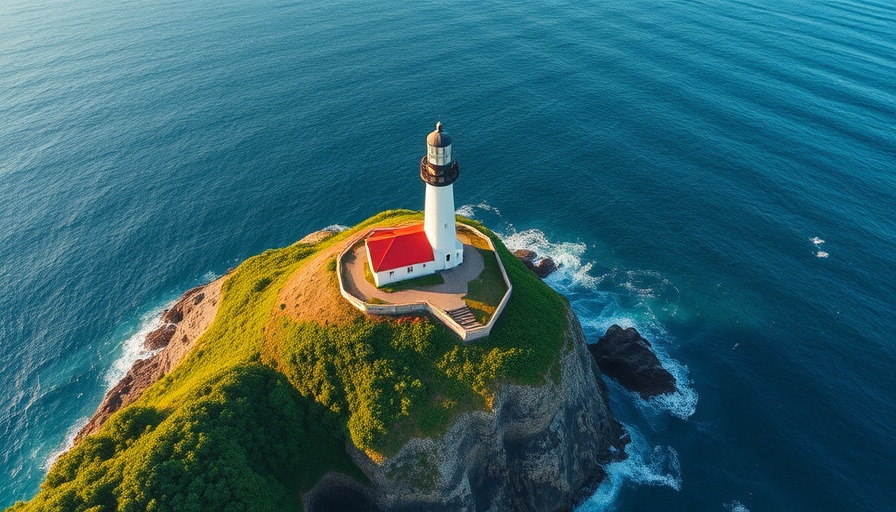 Aerial view of a lighthouse on Maine's rugged coast, ideal for birdwatching.