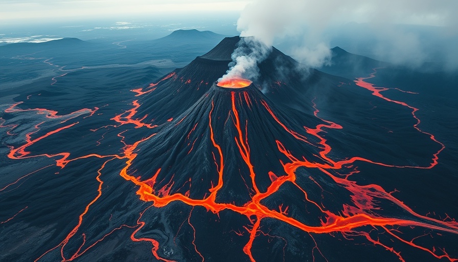 Volcano tourism safety: Aerial view of erupting volcano with lava.