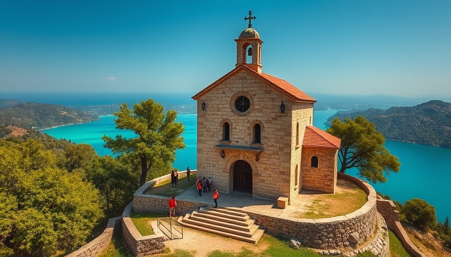 Ancient church overlooking tranquil Balkan lake.
