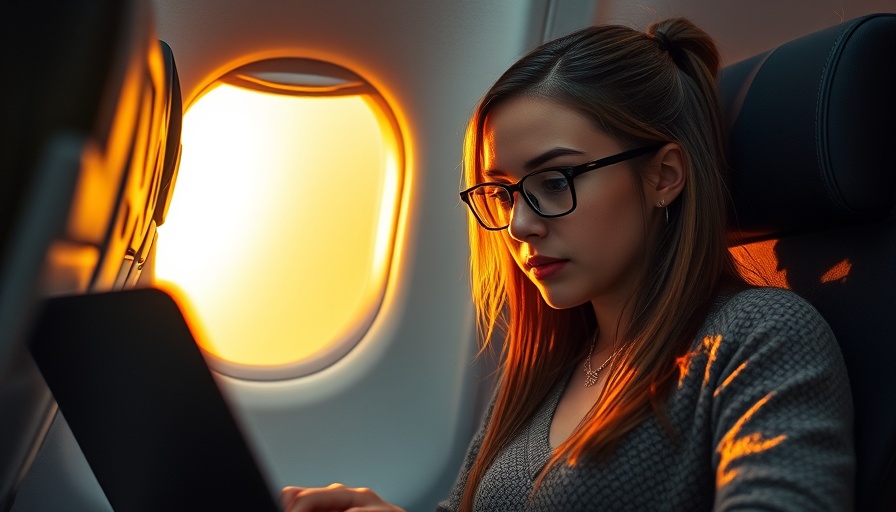 Young traveler using laptop on plane, highlighted by sun.