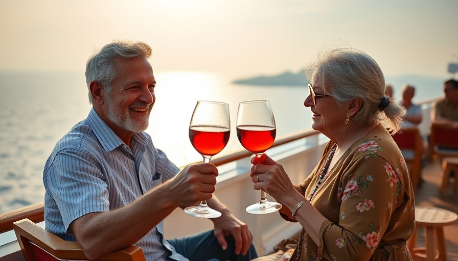 Senior couple toasting wine glasses on a cruise deck, enjoying the view.