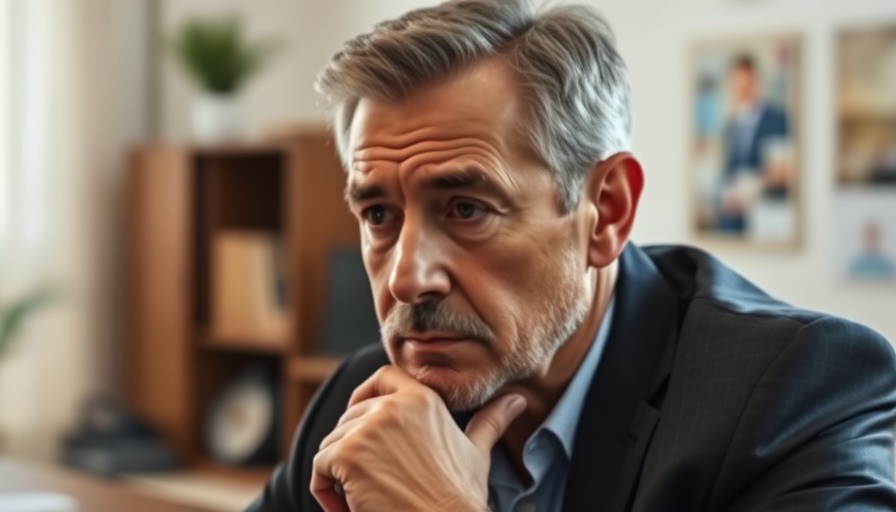 Middle-aged man reflecting on past and present business practices, Photorealistic.