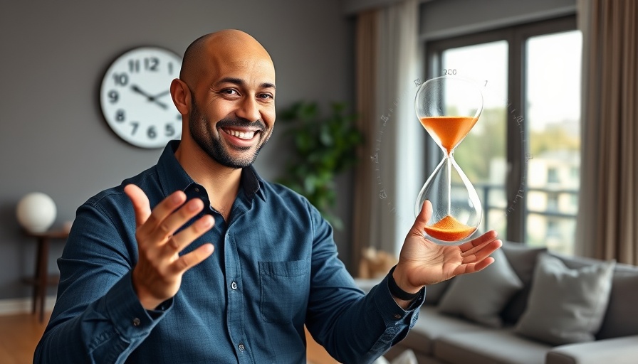 Time blocking tools like clock and hourglass with man for success.