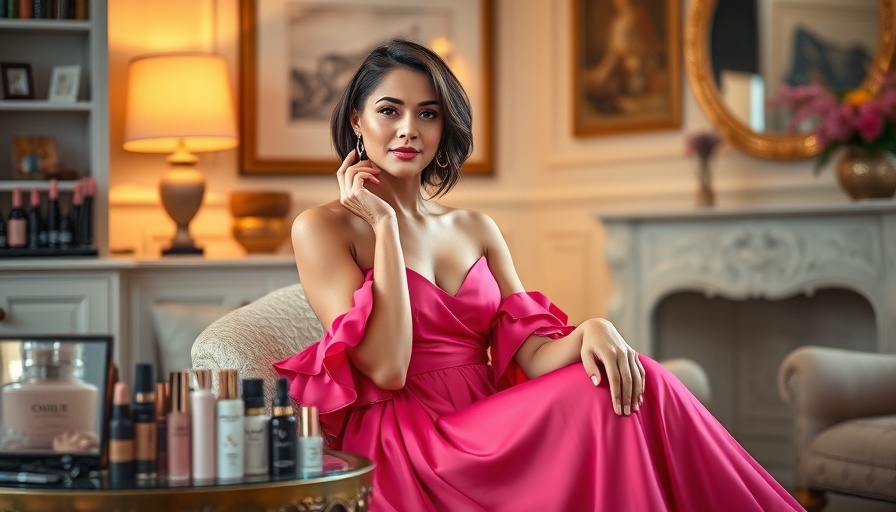 Indian brand ambassador promoting beauty products in a pink dress.