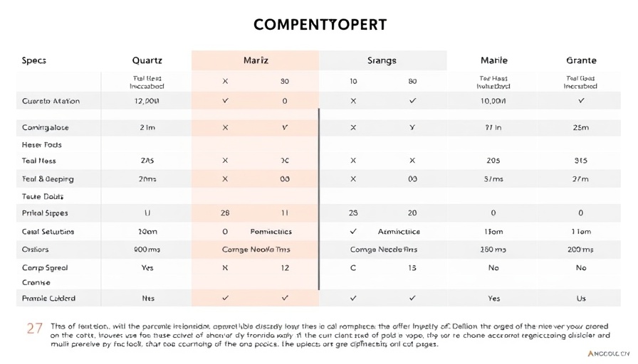 Comparison chart of quartz, marble, granite countertops attributes.