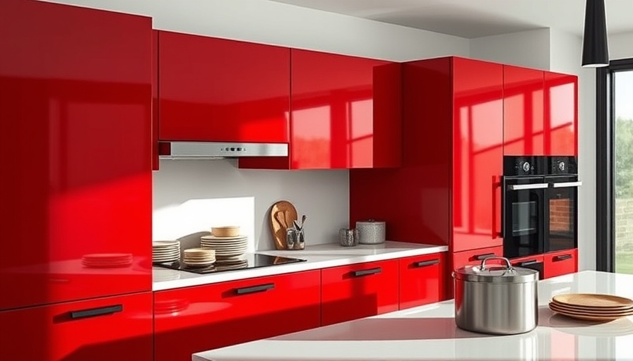 Modern kitchen with red cabinets and black handles.