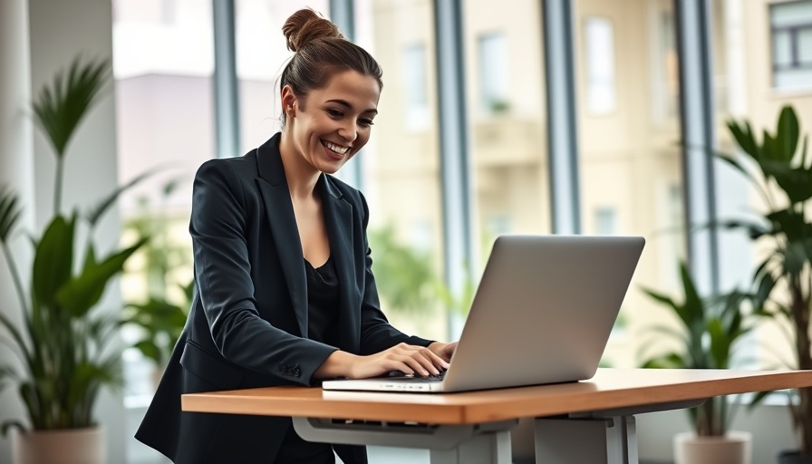 Young woman using LinkedIn commenting strategy, modern office background.