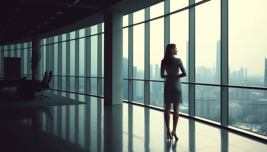 Businesswoman contemplating city view, thinking bigger for business growth.