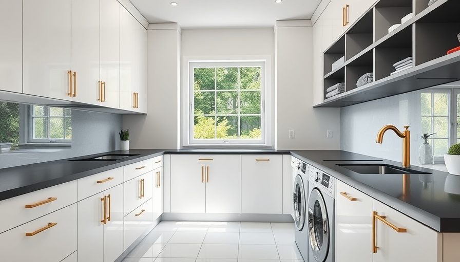 Modern elevated laundry room design with white cabinets and gold fixtures.
