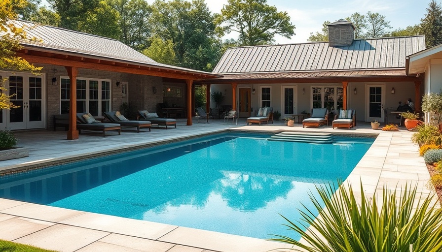 Charming farmhouse backyard with pool and garden, design inspiration.