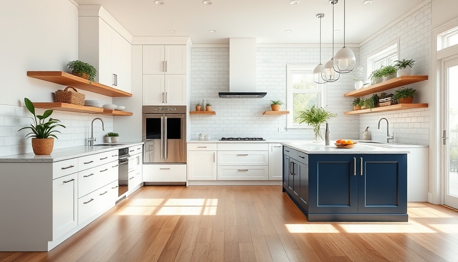 Modern kitchen with white cabinets and navy island reflecting home organization trends 2025.