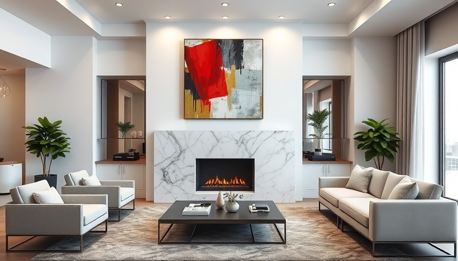 Modern living room with fireplace remodel, featuring abstract art.