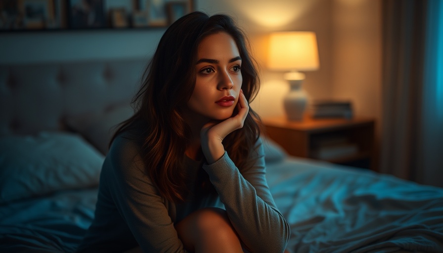 Woman contemplating nighttime depression treatment in dim bedroom.