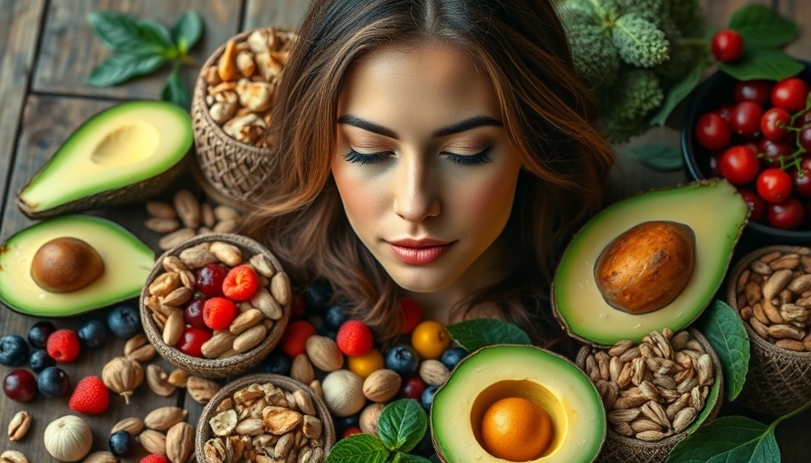 Woman with superfoods every woman must have in her diet, vibrant assortment