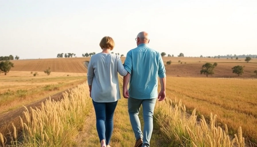 Two people walking in a scenic field.