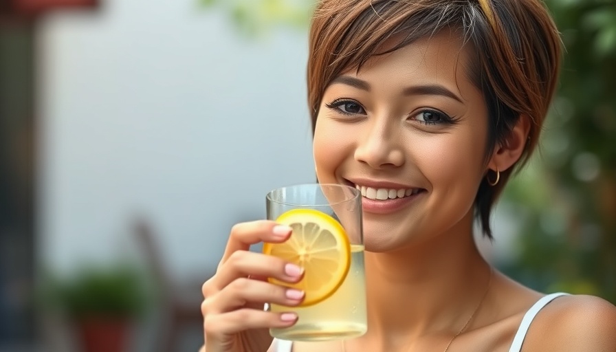 Young woman enjoying lemon water, bright natural setting.