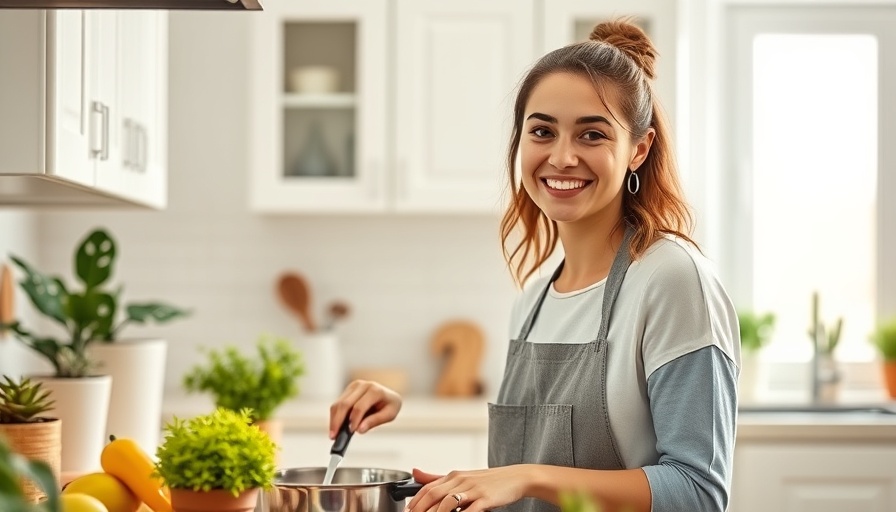 Young woman cooking in airy kitchen; fiber helps combat gum inflammation.