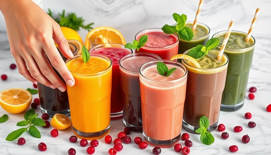 Colorful smoothies to improve your metabolism on marble surface.