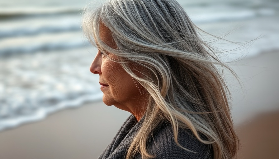 Elderly woman with gray hair by the beach, contemplating.