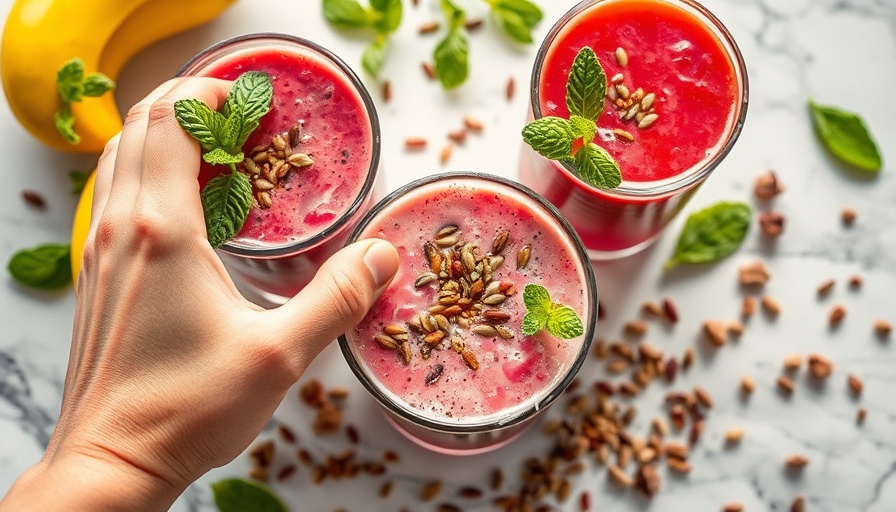 Colorful smoothies and toppings on marble, enhancing metabolism.