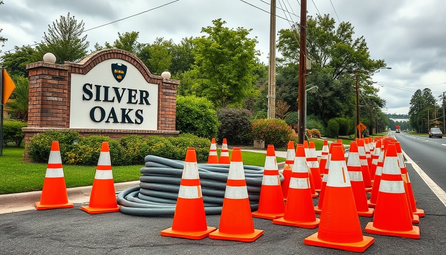 Pasco County stormwater project near Silver Oaks sign with traffic cones.
