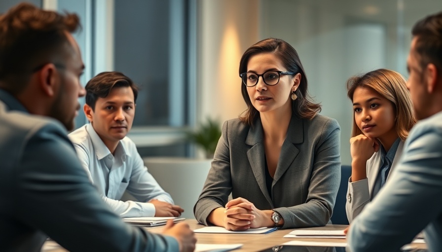 Confident leader facilitating meeting in modern office, empowering leadership