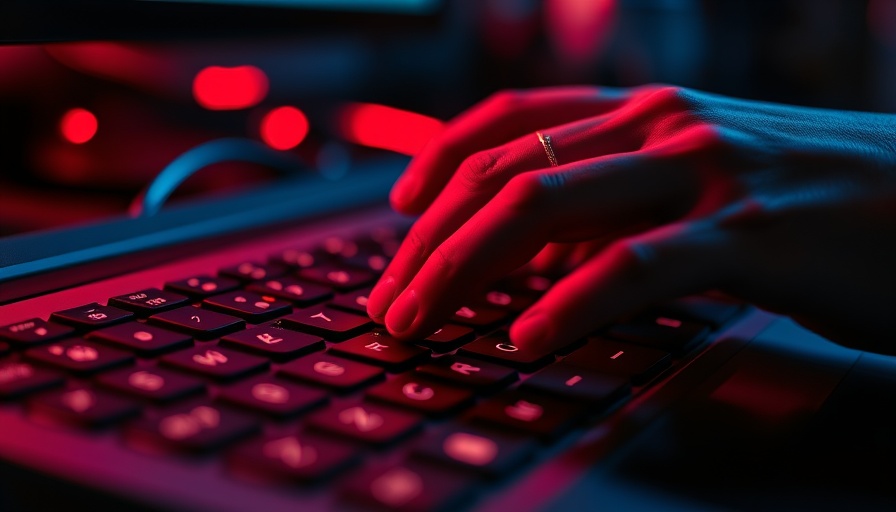 Hand typing on keyboard with red and blue lighting reflecting, related to FCC data breach notification rules.