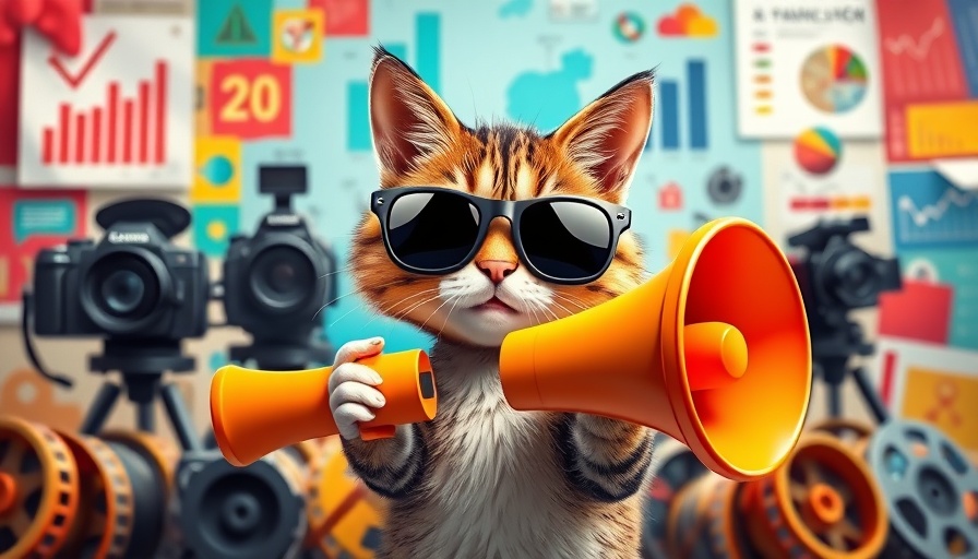 Whimsical cat with megaphone and cameras in colorful setting.